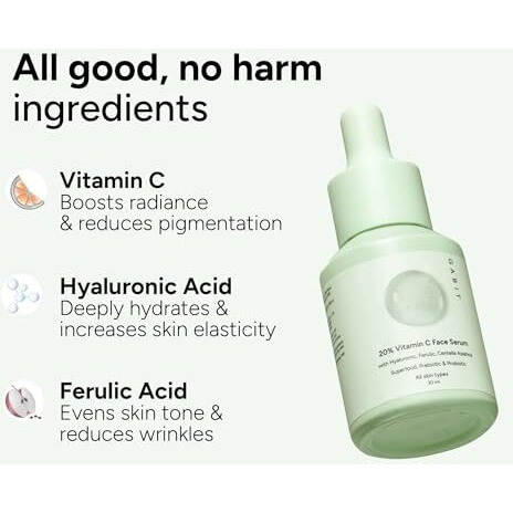 Gabit 20% Vitamin C Face Serum For Glowing Skin | Brightening Serum For Dark Spots, Dull Skin, Tanned Skin | Improves Wrinkles | Hyaluronic, Ferulic, Cica, Prebiotic, Probiotic | Oil & Peg Free |30 Ml
