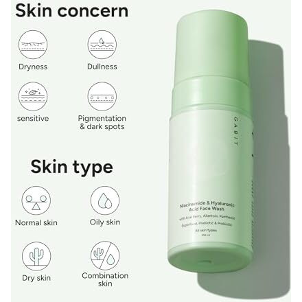 Gabit Niacinamide & Hyaluronic Acid Foaming Face Wash|Gently Cleanses, Non-Drying, Soothes|Vitamin B5, Acai Berry|Dry, Sensitive Skin Types|For Men & Women |Sulphate & Soap Free |100Ml, 50 Spf
