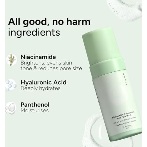 Gabit Niacinamide & Hyaluronic Acid Foaming Face Wash|Gently Cleanses, Non-Drying, Soothes|Vitamin B5, Acai Berry|Dry, Sensitive Skin Types|For Men & Women |Sulphate & Soap Free |100Ml, 50 Spf