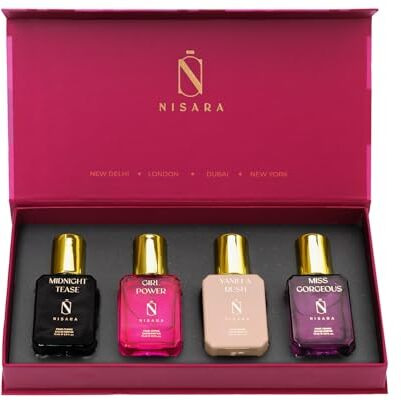 Nisara Long Lasting Woman Perfume Gift Set 4X15Ml(60Ml) | Notes- Warm Vanilla, Floral Woody Musky With | Midnight Tease | Girl Power | Vanilla Rush | Miss Gorgeous | Travel & Pocket Friendly Perfume Kit For All Moods & Occasions | Ideal Gift For Woman, Wife, Friend, Girlfriend