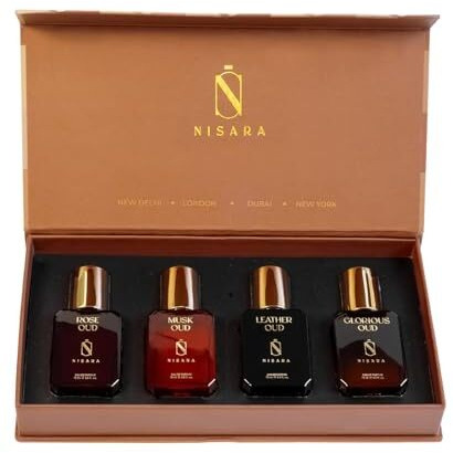 Nisara Long-Lasting Oud Gift Set 4X15Ml(60Ml) | Notes- Rose, Musk, Leather, Woody Oud | Travel & Pocket-Friendly Perfume Kit For All Moods & Occasions | Ideal Gift For Mother's Day | Perfect For Men, Him, Her Woman, Wife, Friend, Girlfriend, And Boyfriend
