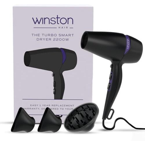 Winston Turbo Smart Hair Dryer 2200W For Men And Women With Diffuser & Concentrator, Professional Fast Drying With 2 Speed/ 3 Settings With Cool Shot - All Hair Types - 1 Year Warranty