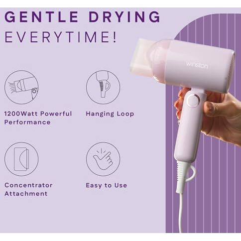 Winston Ionic Foldable Hair Dryer - 1200W | Compact, Foldable, And Damage-Free Drying Blow Dryer With Low Noise & Overheat Protection - 1 Year Warranty (Purple)