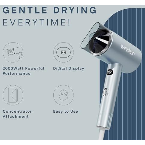 Winston Digital Smart Ionic Hair Dryer 2000 Watts Fast Drying With Led Display, Dual Speed & Heat Settings, All Hair Types, Lightweight