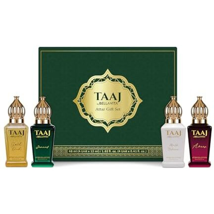 Bellavita Taaj Attar | Long Lasting Unisex Gift Set For Man And Woman 4X12Ml | Caramel, Lemon, Cinnamon, And Musk | Non-Alcoholic Roll On | Oud, Floral, Musk | Attar For Men And Women