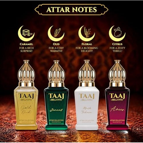 Bellavita Taaj Attar | Long Lasting Unisex Gift Set For Man And Woman 4X12Ml | Caramel, Lemon, Cinnamon, And Musk | Non-Alcoholic Roll On | Oud, Floral, Musk | Attar For Men And Women