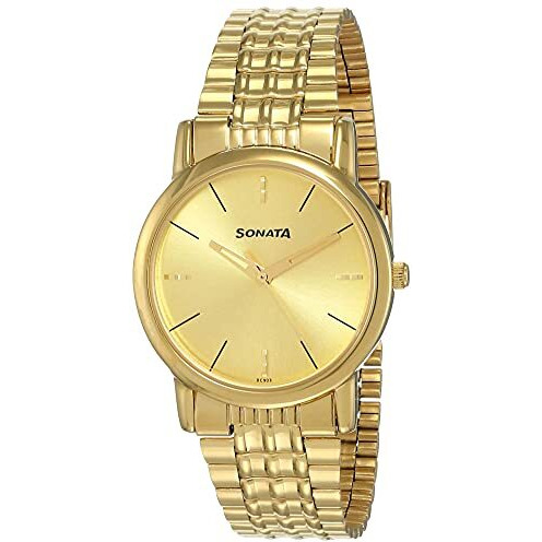 Sonata Quartz Analog Champagne Dial Stainless Steel Strap Watch For Men-Np7987Ym06W