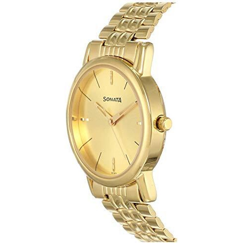 Sonata Quartz Analog Champagne Dial Stainless Steel Strap Watch For Men-Np7987Ym06W