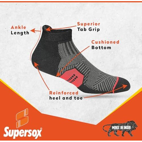 Supersox Accelerator Unisex Design Breathable With Cushion Terry Ankle Cut Tab Athletic Socks - Pack Of 3 (Shoe Size  5/7, Ankle Length, Cotton, Multicolor)