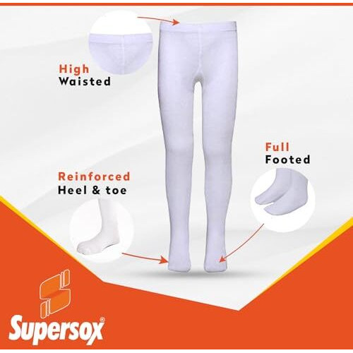 Supersox Tights For Girls, Made With Breathable, Anti Odour & Moisture Absorbent Combed Cotton, Ideal For Ballet/Dancing/Everyday Activity (White, Pack Of 1) (In, Age, 8 Years, 10 Years, White)
