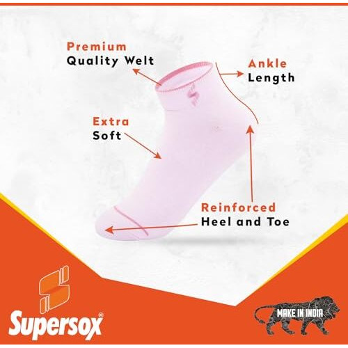 Supersox Ankle Socks For Women Made With Premium Cotton. Solid Design, Anti Odour & Anti Bacterial, Ideal For Daily Casual Wear/Gym/Office - Pack Of 5, Free Size (Pastels, Ankle Length, Multicolor)