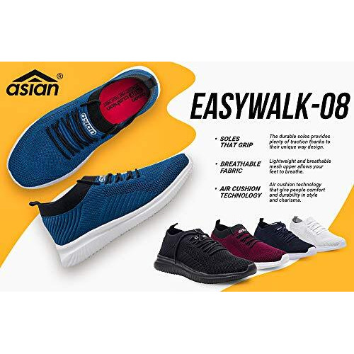 Asian Men's Easywalk-08 Sports Running Shoes,First Walker, Gym Casual Sneaker Lace-Up Lightweight Shoes Black