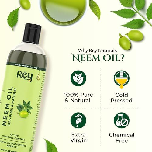 Rey Naturals Cold Pressed Neem Oil For Skin & Hair Growth - 200Ml | Pure Neem Oil For Hair Dandruff | Neem Hair Oil For Lice & Nits Removal | Hair Oil Pure For Body Massage & Acne