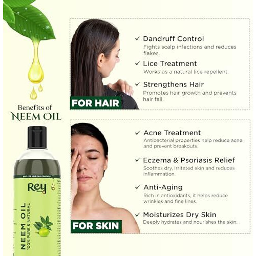 Rey Naturals Cold Pressed Neem Oil For Skin & Hair Growth - 200Ml | Pure Neem Oil For Hair Dandruff | Neem Hair Oil For Lice & Nits Removal | Hair Oil Pure For Body Massage & Acne