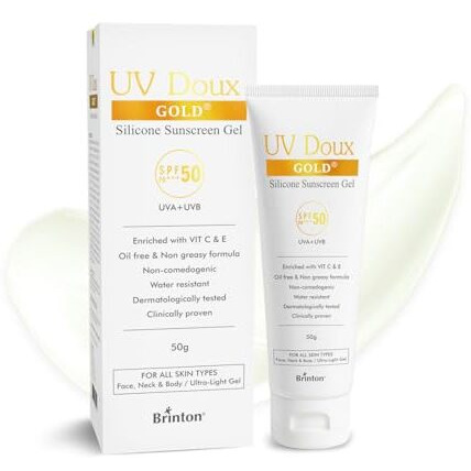 Uv Doux Gold Sunscreen Gel For Anti Ageing With Sun Protection | Spf 50 And Pa+++ Broad Spectrum | Enriched With Anti-Oxidants Like Vit C & E | Matte Finish | Water Resistant & Non-Greasy | 50Gm