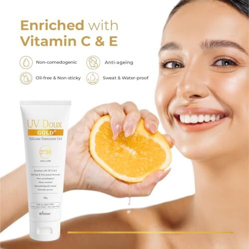 Uv Doux Gold Sunscreen Gel For Anti Ageing With Sun Protection | Spf 50 And Pa+++ Broad Spectrum | Enriched With Anti-Oxidants Like Vit C & E | Matte Finish | Water Resistant & Non-Greasy | 50Gm
