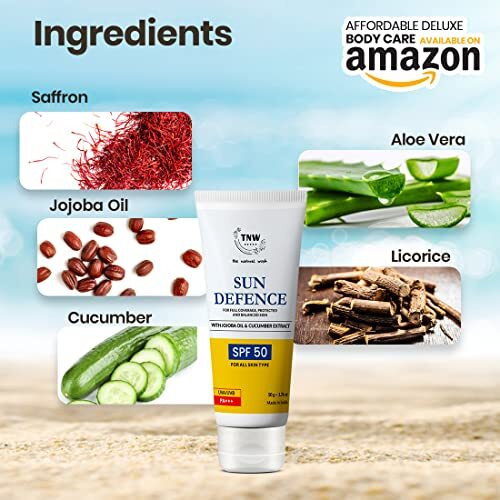 Tnw-The Natural Wash Sun Defence Sunscreen Spf 50 Pa+++ - 50Gm | Enriched With Jojoba Oil, Saffron & Cucumber Extract | Uva/Uvb Protection & Balanced Skin | All Skin Type | Sunscreen For Men & Women