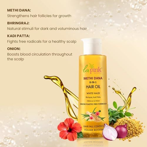 La Pink Methi Dana 8-In-1 Hair Oil For Hair Growth & Thickness | Reduces Hair Fall, Dandruff & Baldness | Enriched With Hibiscus, Bhringraj, Indian Bay Leaf & Onion | 150Ml