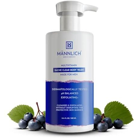 Mannlich 2% Salicylic Acid Body Acne Wash For Men (300 Ml) - Bacne Clear Body Wash Men Shower Gel - 3% Niacinamide Prevents Body Acne, Exfoliates & Nourishes Skin - Suitable For All Skin Types - Paraben & Sls Free