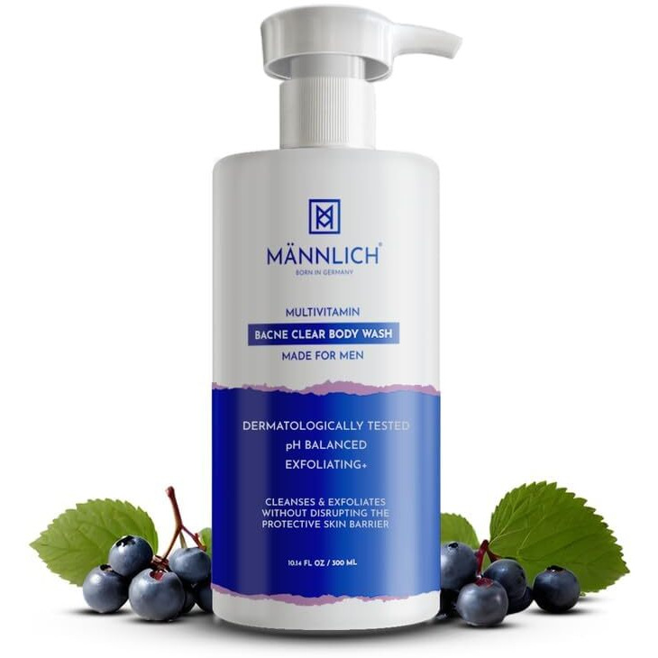Mannlich 2% Salicylic Acid Body Acne Wash For Men (300 Ml) - Bacne Clear Body Wash Men Shower Gel - 3% Niacinamide Prevents Body Acne, Exfoliates & Nourishes Skin - Suitable For All Skin Types - Paraben & Sls Free