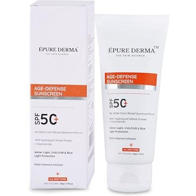 Epure Derma Age-Defense Sunscreen Spf 50+ | Water-Light With Uva/Uvb & Blue Light Protection & Multi-Vitamins Infusion For Sensitive Skin | No White Cast, Broad Spectrum Pa++++ | 50G / 1.7 Fl Oz