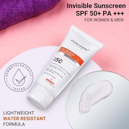 Epure Derma Age-Defense Sunscreen Spf 50+ | Water-Light With Uva/Uvb & Blue Light Protection & Multi-Vitamins Infusion For Sensitive Skin | No White Cast, Broad Spectrum Pa++++ | 50G / 1.7 Fl Oz
