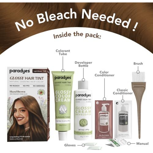Paradyes No Bleach Hazel Brown Glossy Hair Tint, Ammonia-Free Formula For Natural Black Hair, Visible On Natural Black Hair, Includes Anti-Fade Conditioner For Long-Lasting Shine, 5 Light Brown