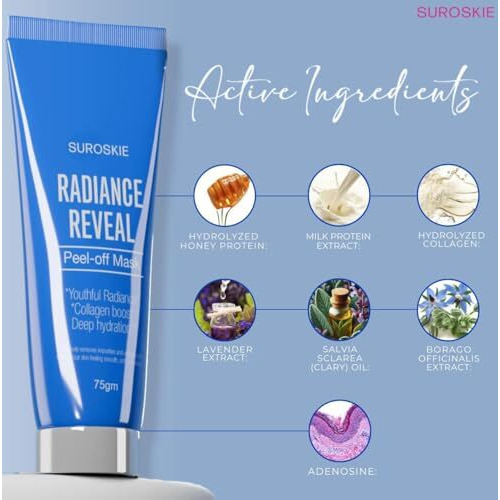 Suroskie Radiance Reveal Peel Off Mask 75G | Honey, Milk Protein & Collagen | Hydration, Skin Brightening, Instant Glow & Plumped Skin | Korean Inspired Skin Care| Peel Off Face Mask For Men & Women