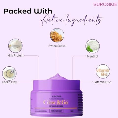 Glow & Go De-Tan Clay Mask | Kaolin Clay & Kojic Extract | Removes Tan, Dark Spots & Blackheads | Deep Cleansing & Brightening Face Pack For Glowing Skin | All Skin Types | Men & Women  50G
