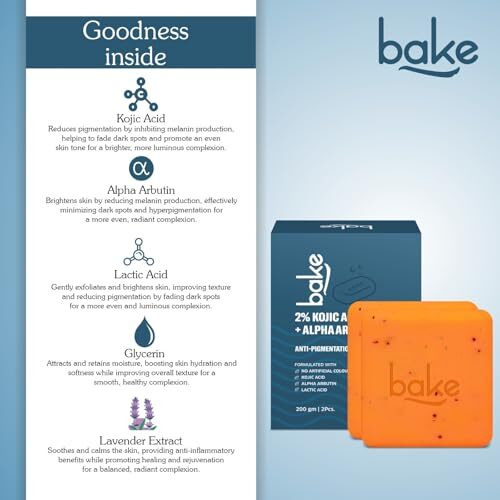 Bake 2% Kojic Acid Scrub Treatment Soap (200 Gms Pack Of 2) With Alpha Arbutin, Lactic Acid & Niacinamide | For Pigmentation, Dark Spots, Tan Removal, Brightens Underarms | Soap For Women & Men | 100G X 2 (Pack Of 2)