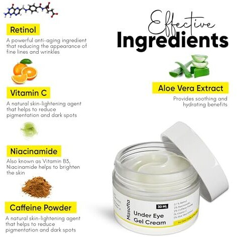 Masofta Under Eye Gel Cream For Dark Circles, Fine Lines, And Puffy Eyes, With Retinol, Niacinamide, Caffeine, Vitamin C, & Aloe Vera Extract For Both Men & Women, 30Ml