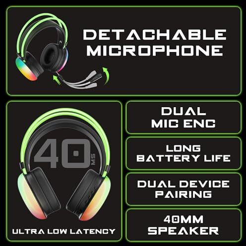 Truke Newly Launched Btg Thunder Over The Ear Gaming Headphone With 70H Of Playtime, 40Mm Titanium Drivers, Dual Pairing Headset, Gaming Mode (40Ms Latency) With Rgb Leds, Detachable Mic, Bt 5.4-Black