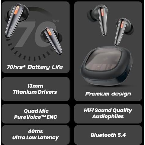 Truke New Launch Crystal Bass True Wireless In Ear Earbuds With 13Mm Drivers, 70H Playtime Fast Charge, Made In India, Hifi Sound Tws, 40Ms Low Latency, 4Mics Enc, Bt 5.4 (Matte Black)