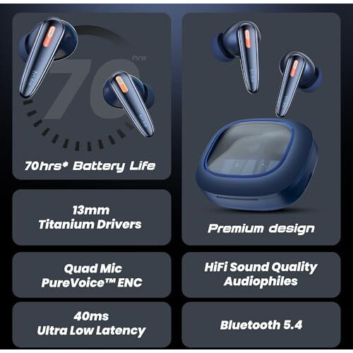 Truke New Launch Crystal Bass True Wireless In Ear Earbuds With 13Mm Drivers, 70H Playtime Fast Charge, Made In India, Hifi Sound Tws, 40Ms Low Latency, 4Mics Enc, Bt 5.4 (Cobalt Blue)