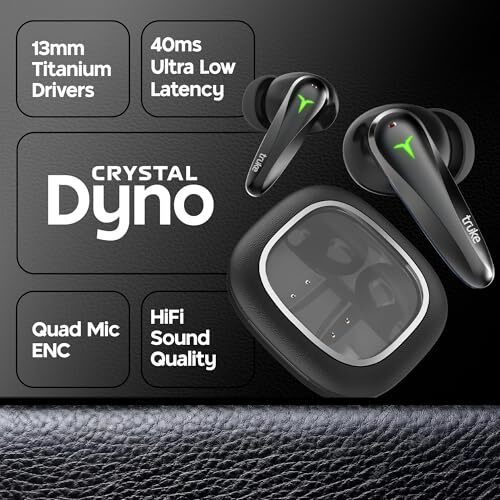 Truke New Launch Crystal Dyno Leather Finish True Wireless In Ear Earbuds W/Spatial Audio, 70H Battery Fast Charge Ear Buds, 13Mm Driver Hifi Sound Tws, 40Ms Ultra Low Latency, 4Mics Enc- Ravenblack