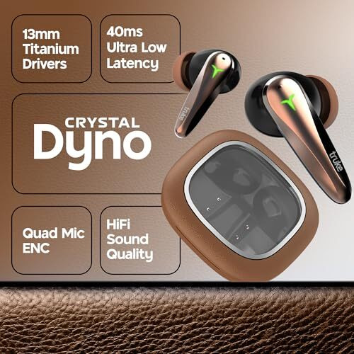 Truke New Launch Crystal Dyno Leather Finish True Wireless In Ear Earbuds W/Spatial Audio, 70H Battery Rapid Charge Ear Buds, 13Mm Driver Hifi Sound Tws, 40Ms Ultra Low Latency, 4Mics Enc - Oakbrown