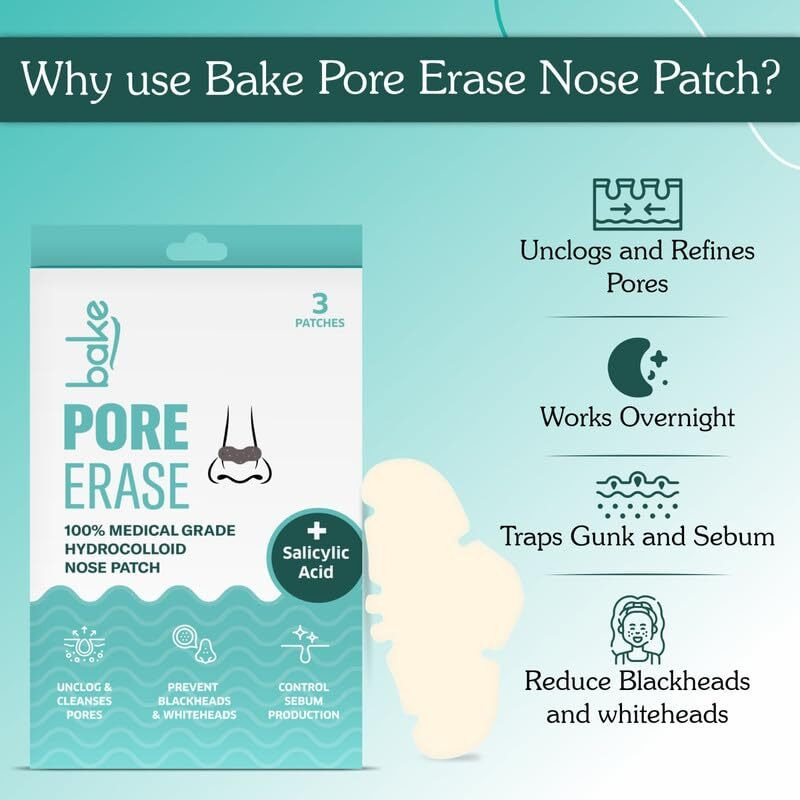 Bake 2% Salicylic Acid Nose Strips For Pore Cleansing & Blackheads Removal | Hydrocolloid Nose Strips For Control Sebum Production (3 Strips)