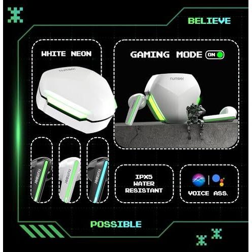 Number Super Buds 111, Ai Enc Gaming Tws Earbuds, Low Latency 45Ms, Upto 32Hrs Playback Bluetooth (White Neon)