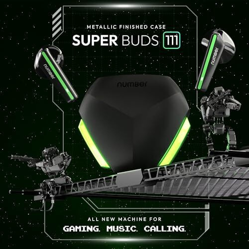 Number Super Buds 111, Ai Enc Gaming Tws Earbuds, Low Latency 45Ms, Upto 32Hrs Playback Bluetooth (Black Neon)