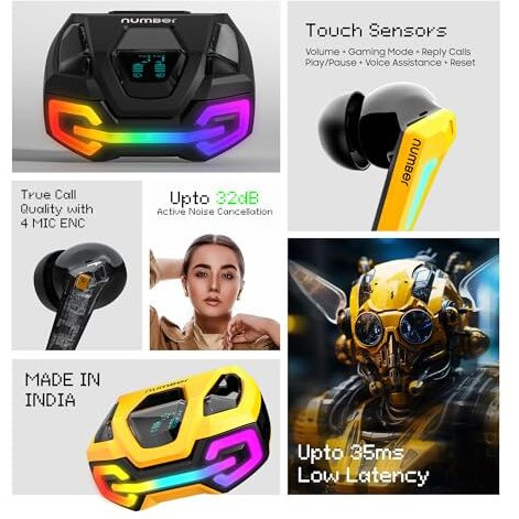 Number Super Buds Gt M9 Anc (32Db) Truly Wireless In Ear Earbuds With 60H Playtime, Dual Pairing Ear Buds, 35Ms Low Latency, 13Mm Speakers, 4Mic Enc, Bt 5.4, Fast Charging, Made In India (Glass Black)