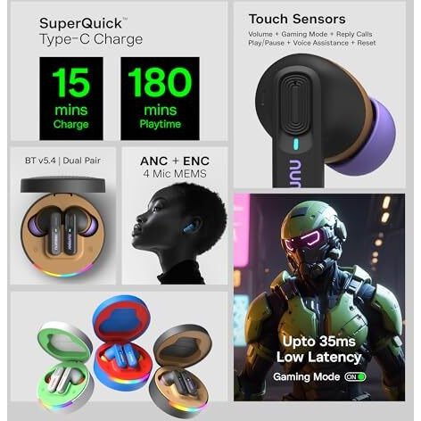 Number Super Buds 555 Anc (32Db) Truly Wireless In Ear Earbuds With 66H Playtime, Dual Pairing Ear Buds, 35Ms Low Latency, 13Mm Speakers, 4Mic Enc, Bt 5.4, Fast Charging, Made In India (Black Dune)