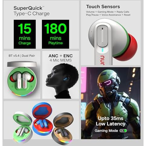 Number Super Buds 555 Anc (32Db) Truly Wireless In Ear Earbuds With 66H Playtime, Dual Pairing Ear Buds, 35Ms Low Latency, 13Mm Speakers, 4Mic Enc, Bt 5.4, Fast Charging, Made In India (Grey Forest)