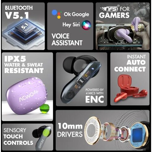 Acwo Dwots Bliss In Ear Truly Wireless Earbuds Made In India With 50 H Of Playtime, 50 Ms Low Latency, Sonic Shield Enc Technology, 10Mm Bass Boom Driver, Auto Connect, Bt V5.3, Raven Black