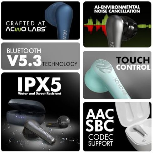 Acwo Newly Launched Dwots 515 Bluetooth Tws In Ear Earbuds With 50H Playtime, Ai-Enc Technology, 50Ms Low Latency Gaming Tws, Bassboomx Real Drivers Ear Buds Headphones, Bt V5.3 (Aqua Blue)