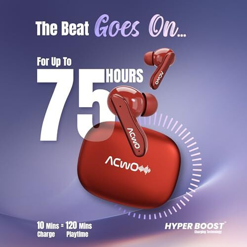 Acwo Dwots 111 Wireless Earbuds | Up To 75Hrs Battery Life | 10Mm Spatial Drivers | Noise-Free Calls With 4 Noise Cancellation Mics | Bluetooth V5.4 | Dedicated Cinematic & Bass Mode (Crimson Red)