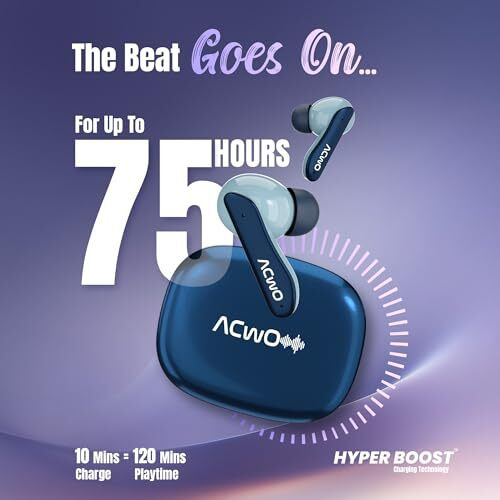 Acwo Dwots 111 Wireless Earbuds | Up To 75Hrs Battery Life | 10Mm Spatial Drivers | Noise-Free Calls With 4 Noise Cancellation Mics | Bluetooth V5.4 | Dedicated Cinematic & Bass Mode (Comet Blue)