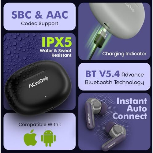Acwo Dwots 121 Wireless Earbuds | 55Hrs Playtime | Quad Mics With Enc | 3 Preset Eq Modes | Supreme Bass & High-Fidelity Acoustics | Bluetooth V5.4  10Mins Charge  120Mins Playtime (Dusty Lavendar)