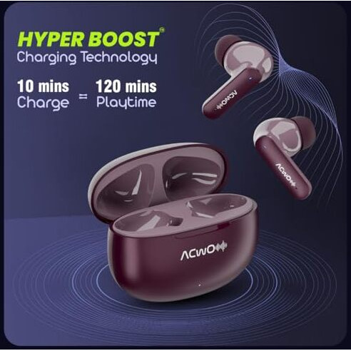 Acwo Dwots 121 Wireless Earbuds | 55Hrs Playtime | Quad Mics With Enc | 3 Preset Eq Modes | Supreme Bass & High-Fidelity Acoustics | Bluetooth V5.4  10Mins Charge  120Mins Playtime (Deep Plum)