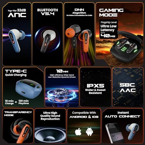 Acwo Dwots Zing Wireless Earbuds | Breathing Led Lights | Up To 32Db Anc | 55Hrs Playtime | 40Ms Low Latnency | Bluetooth V5.4 | Hyperboost Charging  10Mins Charge  120Mins Playtime (Velvet Black)