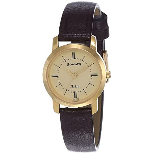 Sonata Quartz Analog Champagne Dial Leather Strap Watch For Women-Ns87018Yl01W/Nt87018Yl01W